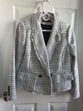 White House Black Market Black & White Tweed Fringed Blazer